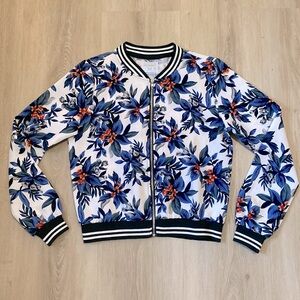 Tropical Floral Lightweight Bomber Jacket Women Size S